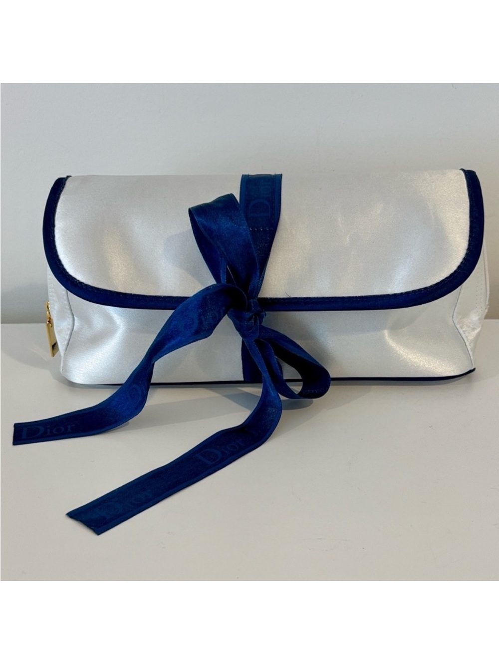 DIOR white satin cosmetic bag make up case blue satin ties magnetic closure